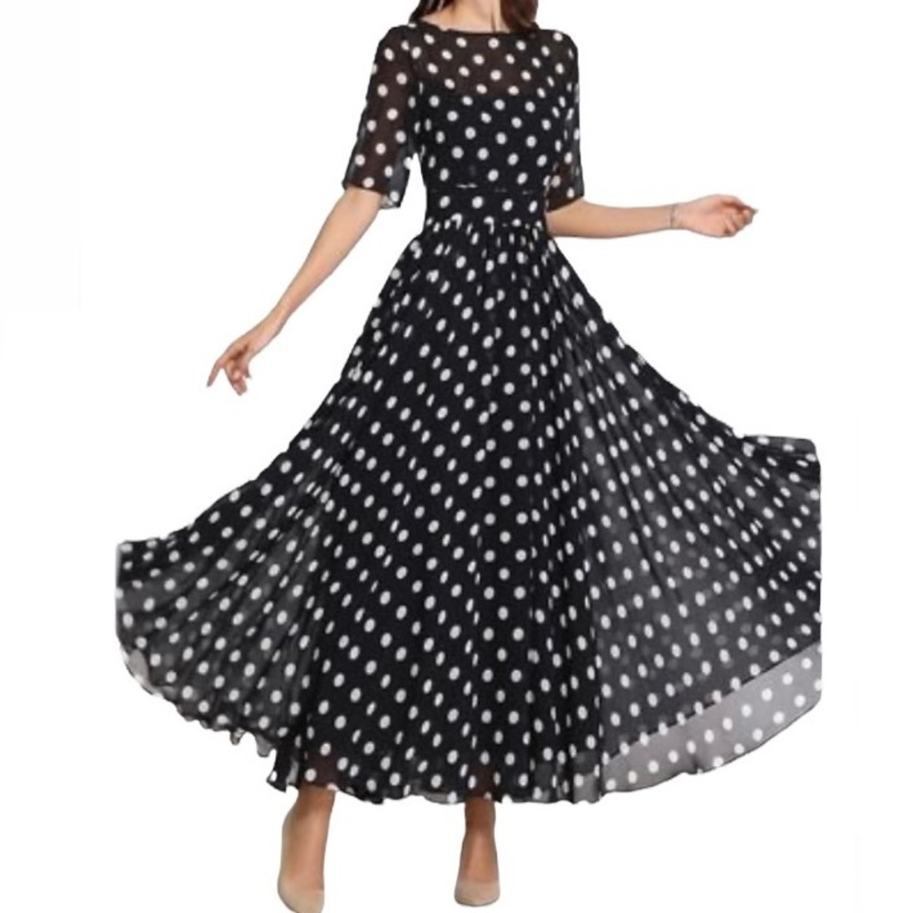 Floryday Women's Chiffon Polka Dot Half Sleeve Maxi Dress - Picture 1 of 16